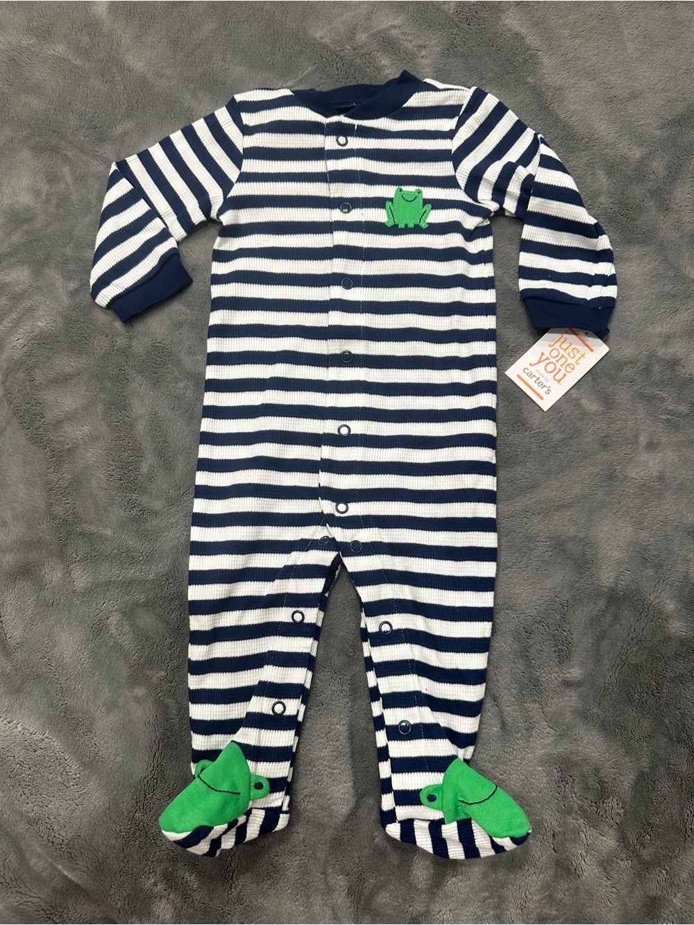 Carter's Navy & White Striped Footed One-Piece with Green Frog Appliqués